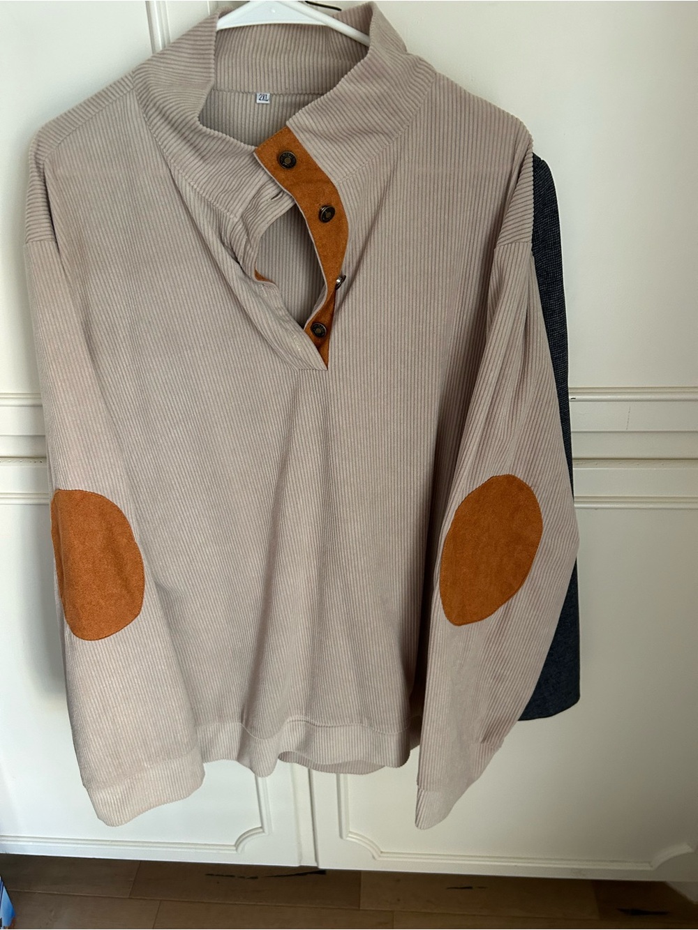Men's Beige Corduroy Pullover Sweater with Contrast Elbow Patches
